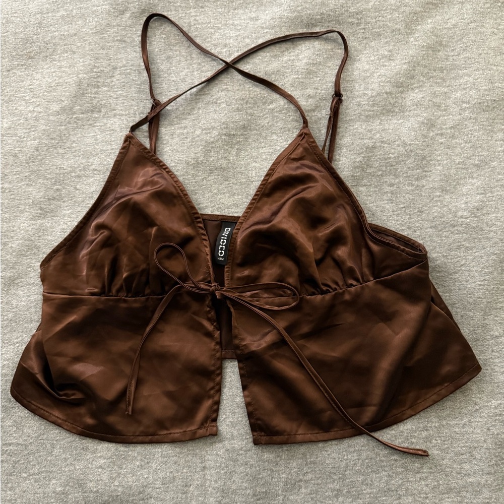 Brown Satin Top with Tie Front